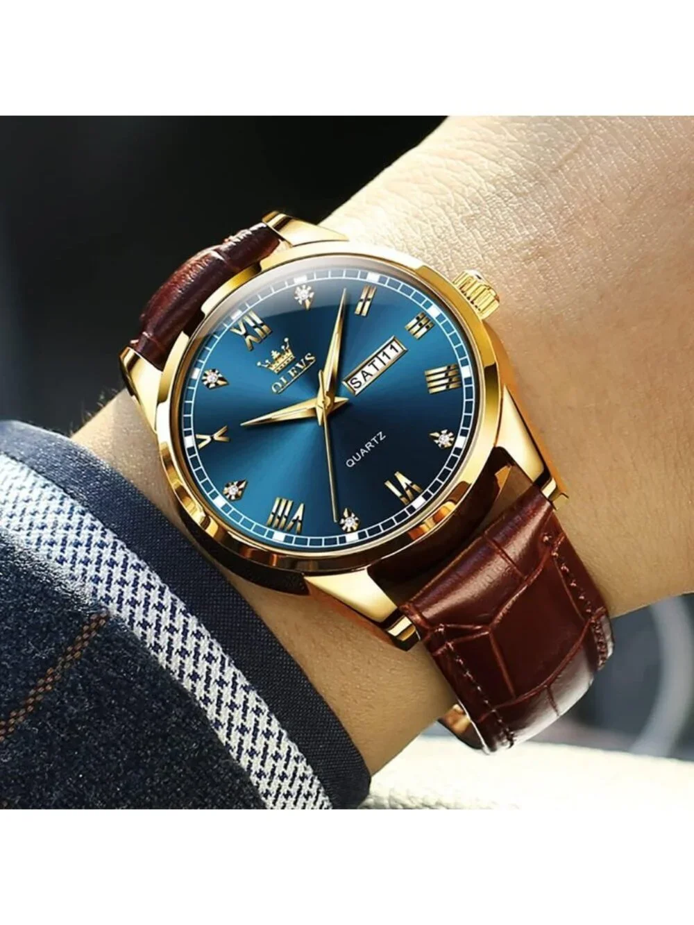 Men's Blue Fashion Quartz Leather Brown Buckle Waterproof Luminous Round Watch